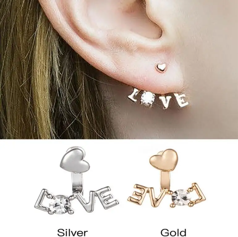 

Jisensp Elegant Rhinestone Letter LOVE Ear-Jackets Fashion Jewelry for Women Girls Heart Shape Stud Earrings Party Gift Bijoux