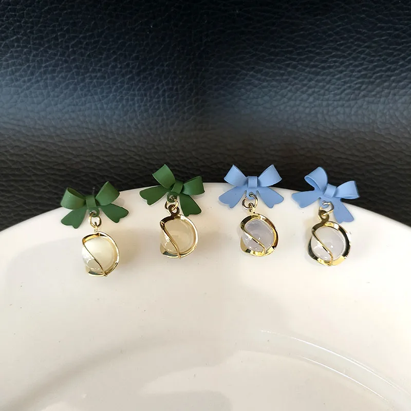 Новые Волшебные круглые серьги с опалом свежие синие бантом милые для девочек