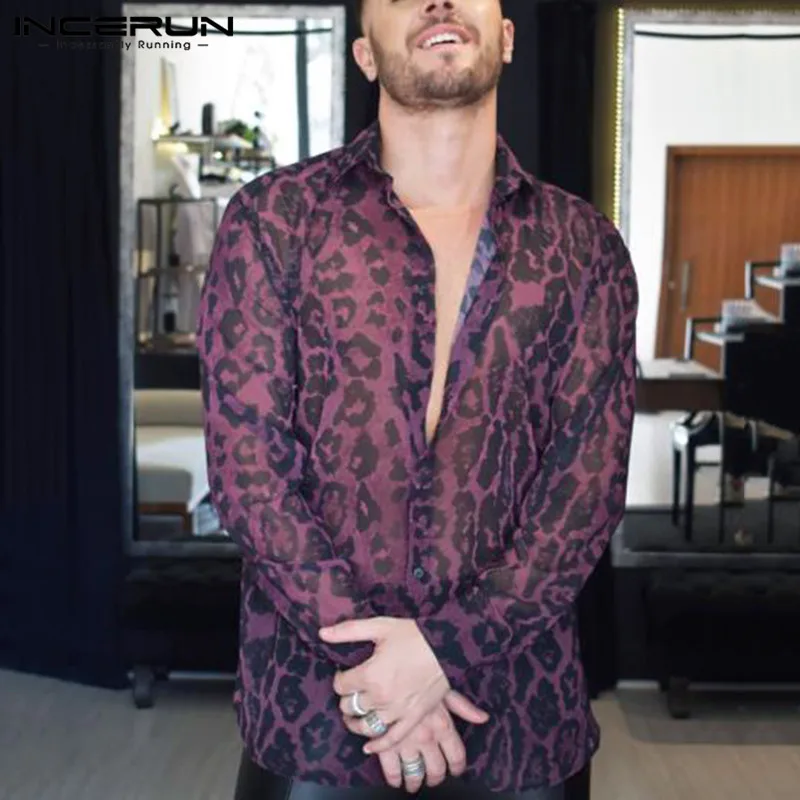 

Рубашка INCERUN мужская с длинным рукавом и отложным воротником, модная прозрачная пикантная сетчатая блузка с леопардовым принтом, на пуговиц...