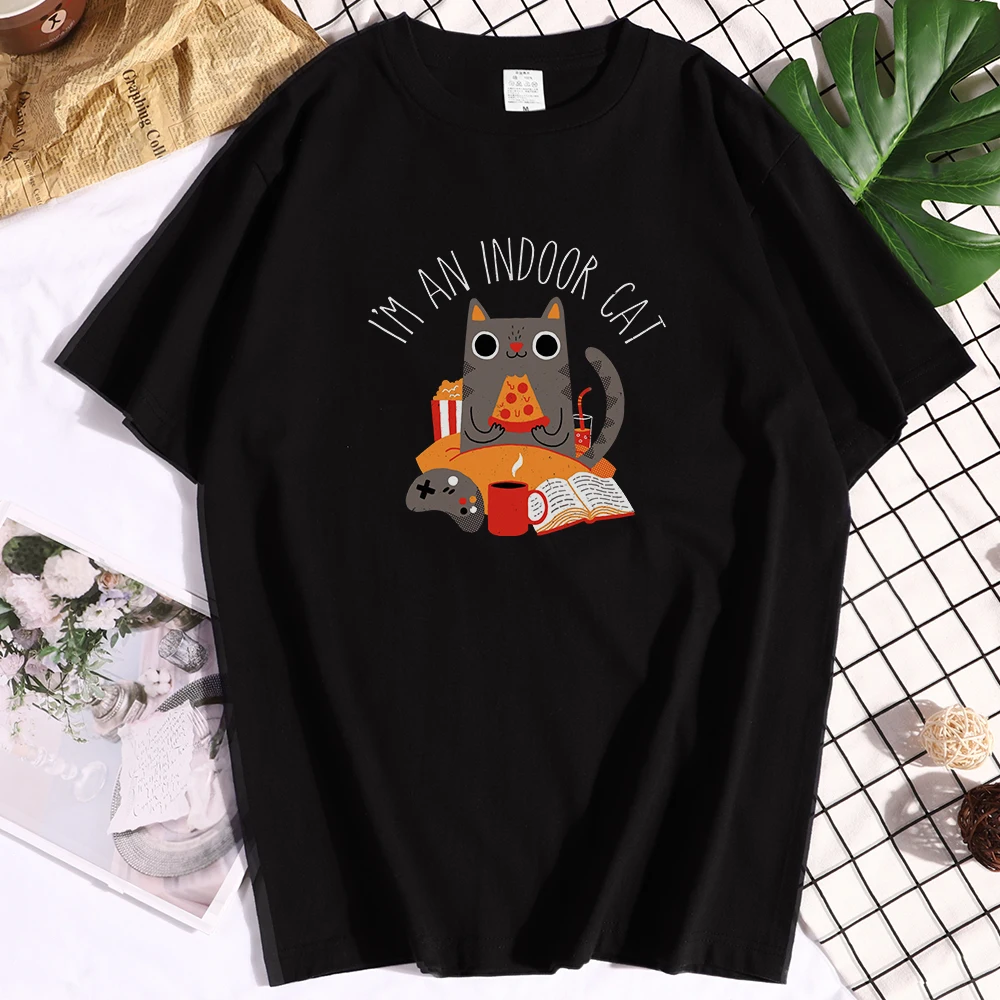 

Cat Sitting And Eating Pizza Print T-Shirts Women Summer Loose Clothing Vintage Streetwear Casual Loose