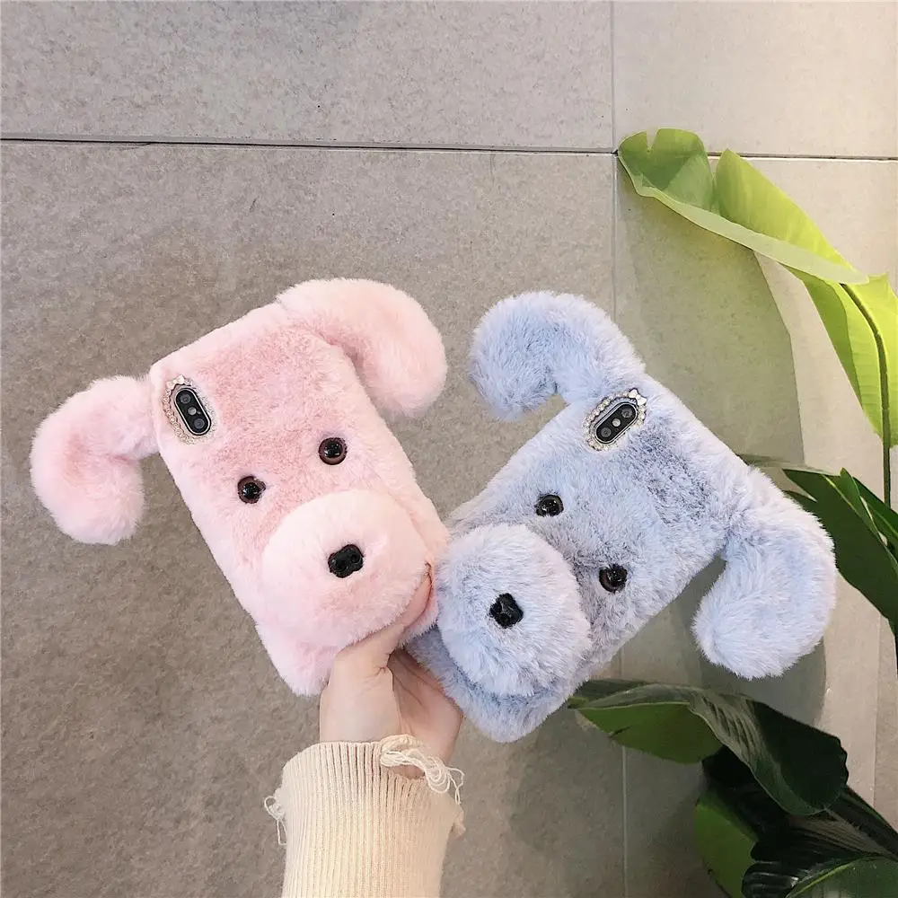3D Fluffy Plush dog Phone Case For iPhone 13Pro MAX 12 11 X XR XS 7 8Plus Soft Warm Fur Hairy Rhinestone Back Cover | Мобильные
