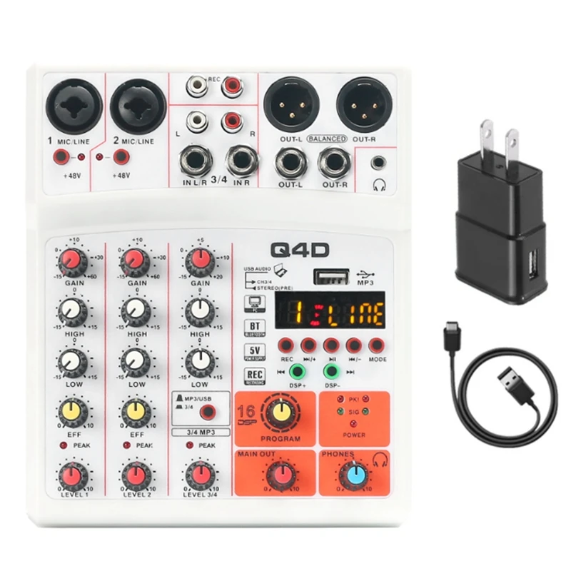 

4 Channels Audio Sound Mixer Mixing DJ Console USB with 48V Phantom Power 16 DSP Effects (EU Plug)