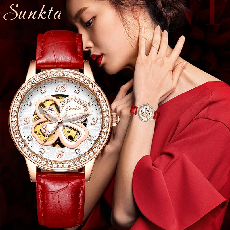 

SUNKTA 2021 New Leather Automatic Mechanical Watch Women Brand Luxury Waterproof Watch Elegant Diamond Wrist Watches Reloj Mujer