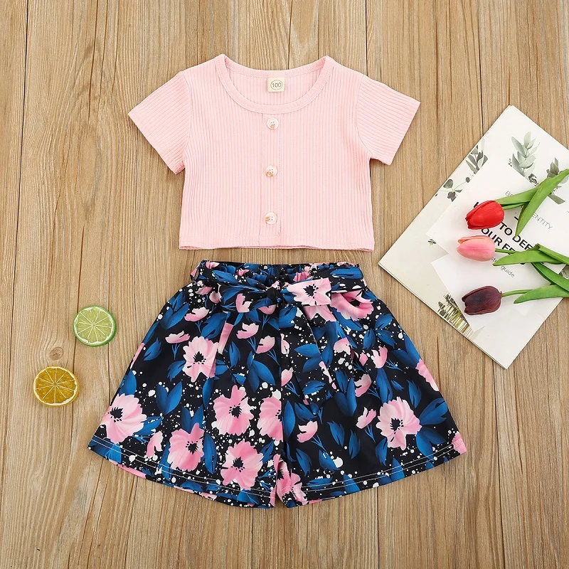 

От 1 до 6 лет для детей ясельного возраста, для маленьких девочек хлопковая футболка с короткими рукавами топы и шорты с цветочным принтом, шт...