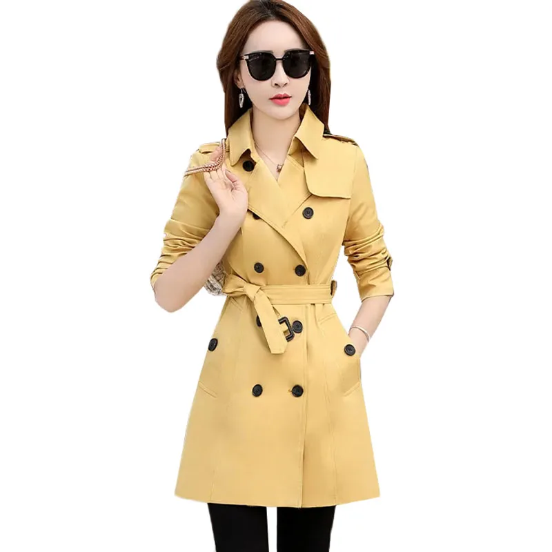 

Autumn Women Trench Coat 2021New Slim Double-Breasted Mid-length Khaki Windbreakers Female Classic Basic Coats Overcoat Belt 3XL