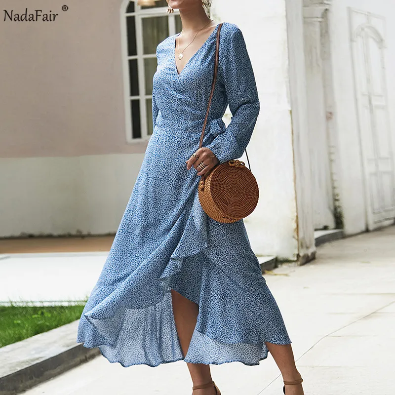 Женское платье Nadafair с оборками и v-образным вырезом, длинное, в горошек, в стиле бохо, Осень-зима, с длинным рукавом, на шнуровке, с принтом, ТРАПЕЦИЕВИДНОЕ, макси платье