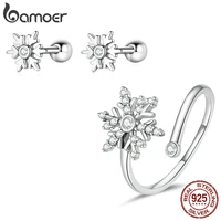 bamoer 925 sterling silver crystal snowflake stud earrings open ring jewelry set snow winter christmas wedding anniversary gift