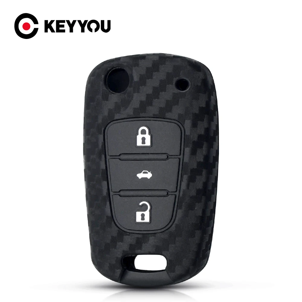

KEYYOU 40x For Hyundai I30 IX35 For Kia K2 K5 Carbon Fiber Silicone Car Key Case Flip Fob Car Key Blank Protector Cover 3 Button
