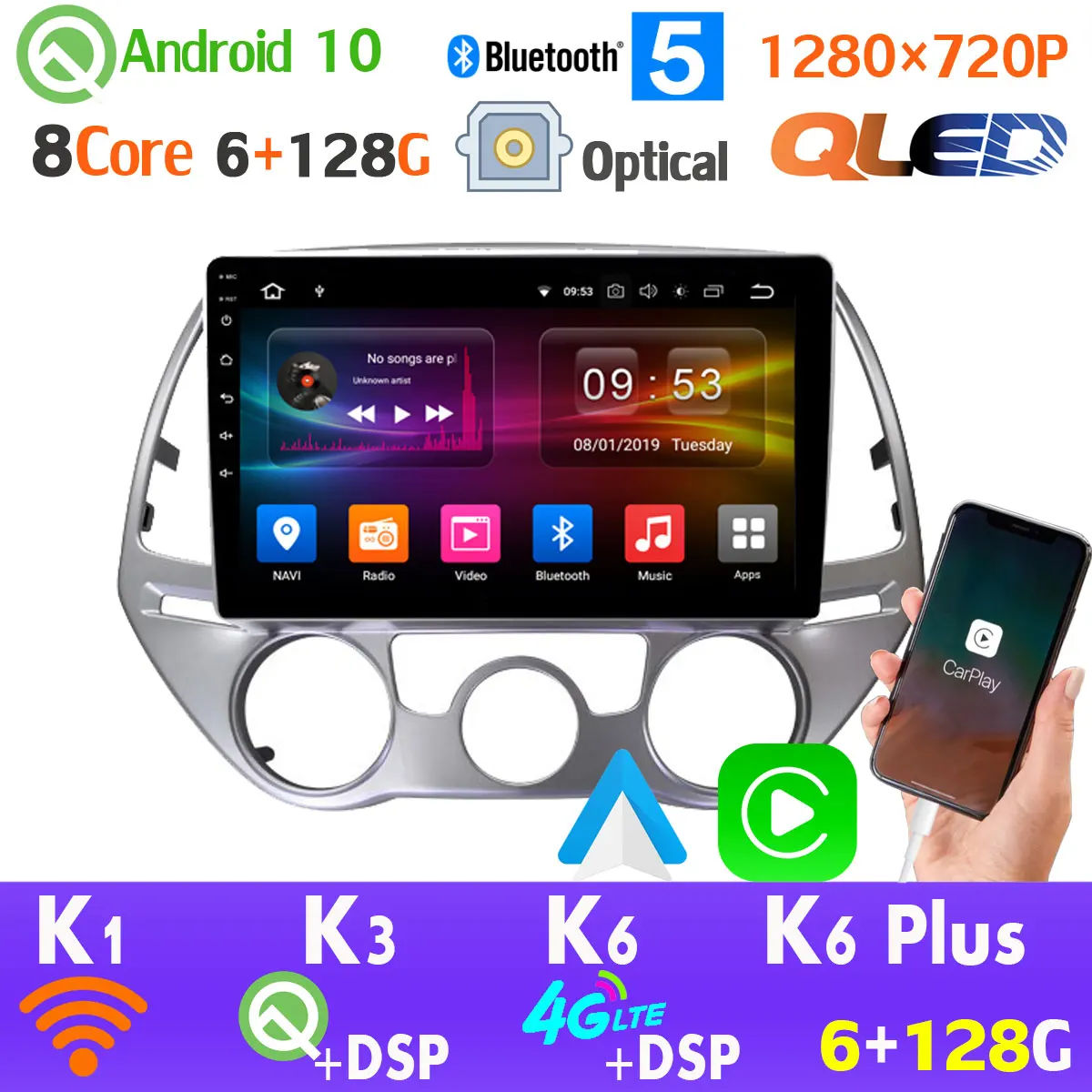 Android 10 0 QLED 1280*720P 6G + 128G автомобильный проигрыватель с радио и GPS для Hyundai i20 2009 2013 AT MT