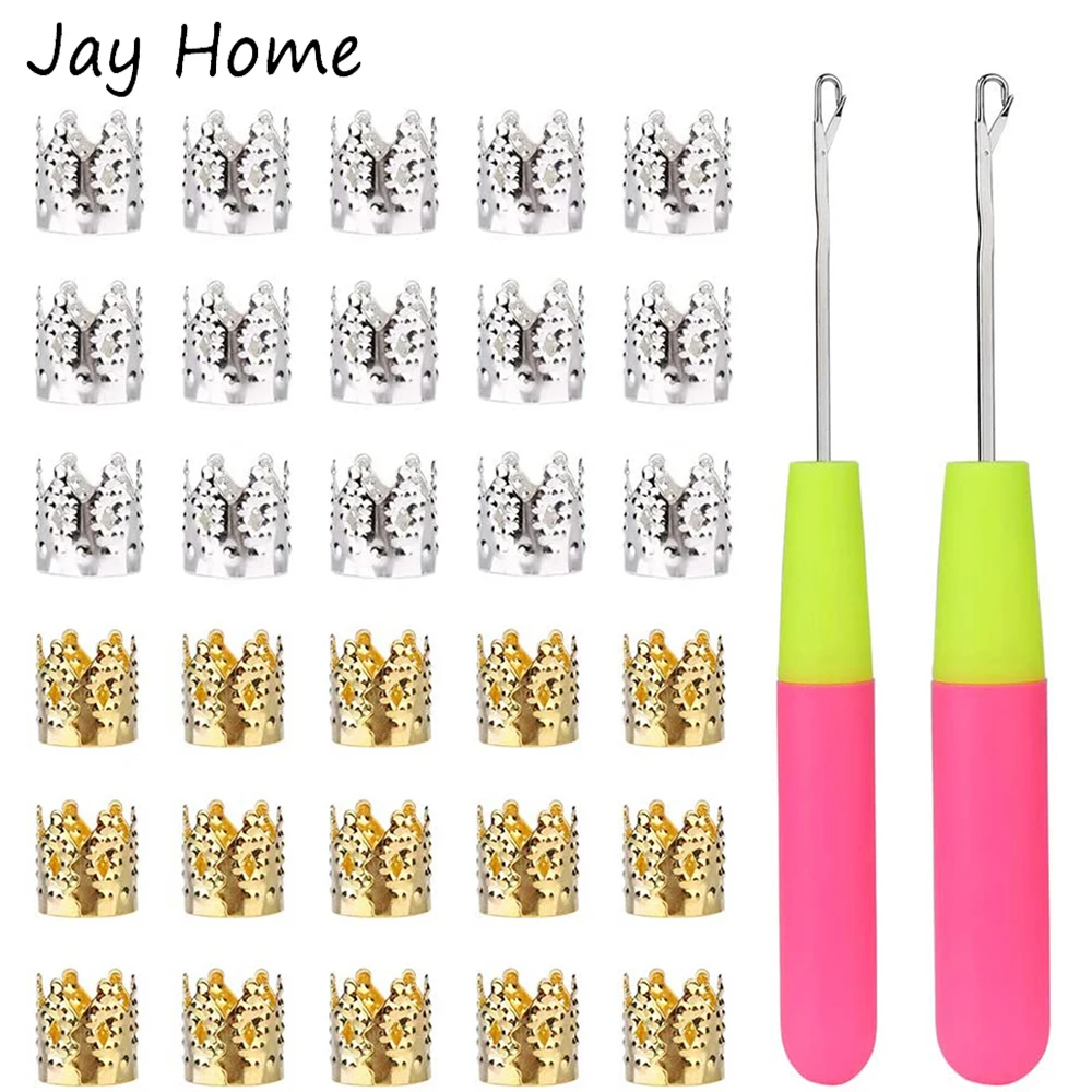 

2Pcs Latch Hook Crochet Needle with Dreadlocks Rhinestone Hair Rings Knitting Needle Crochet Hook Braids Weaving Accessories