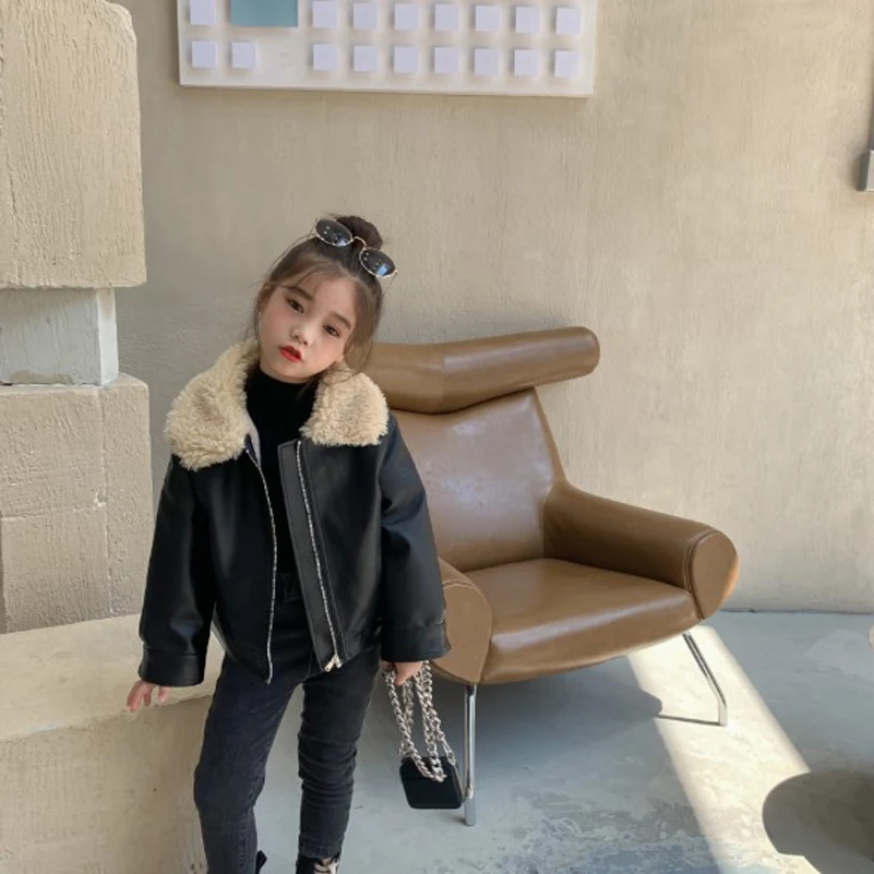 

Cultiseed Baby Girl Autumn Winter Thicken Warm Fur Collar PU Leather Jackets Children Kids New Fashion Casual Long Sleeve Coats