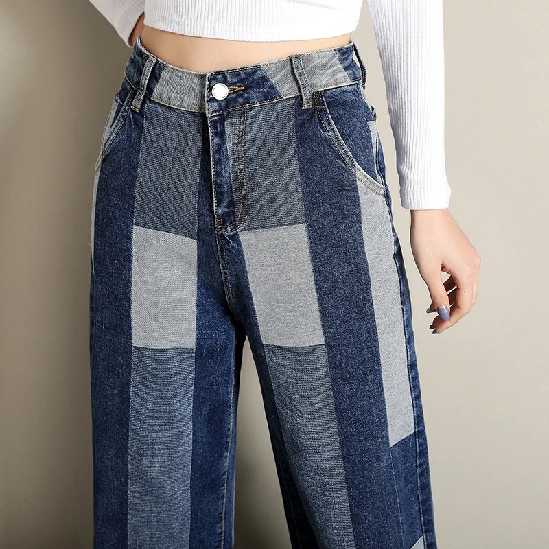 Европейская мода Контрастность Цвет широкие брюки джинсы для женщин женские