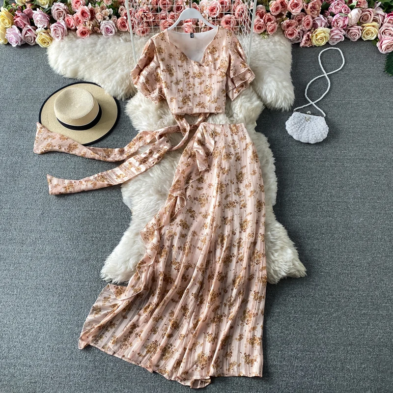 

Amolapha Women 2021 Sexy Deep V Neck Chiffon Bow Trumpet Sleeve Short Tops+Ruffles Long SkirtsHoliday Summer Beach Clothes SuitS
