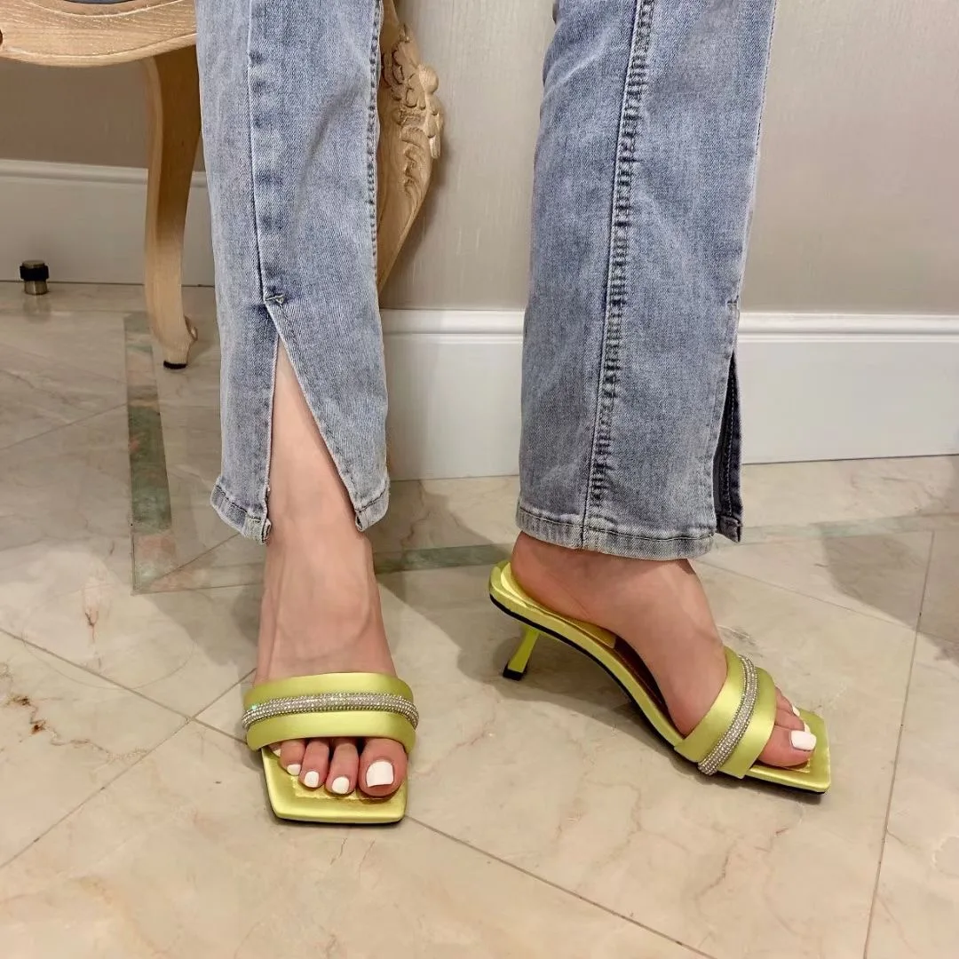 

Fashion Women Slippers Candy Color Rhinestone Sandals Slides Slippers Mules Shoes Woman Party Pumps Thin High Heels Size 35-39