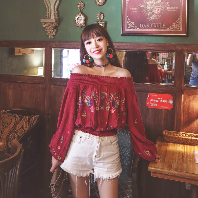 

New Spring Bohemian Cotton Linen Women Blouses Floral Embroidery Sexy Off Shoulder Summer Crop Top Long Sleeve Chic Blusas