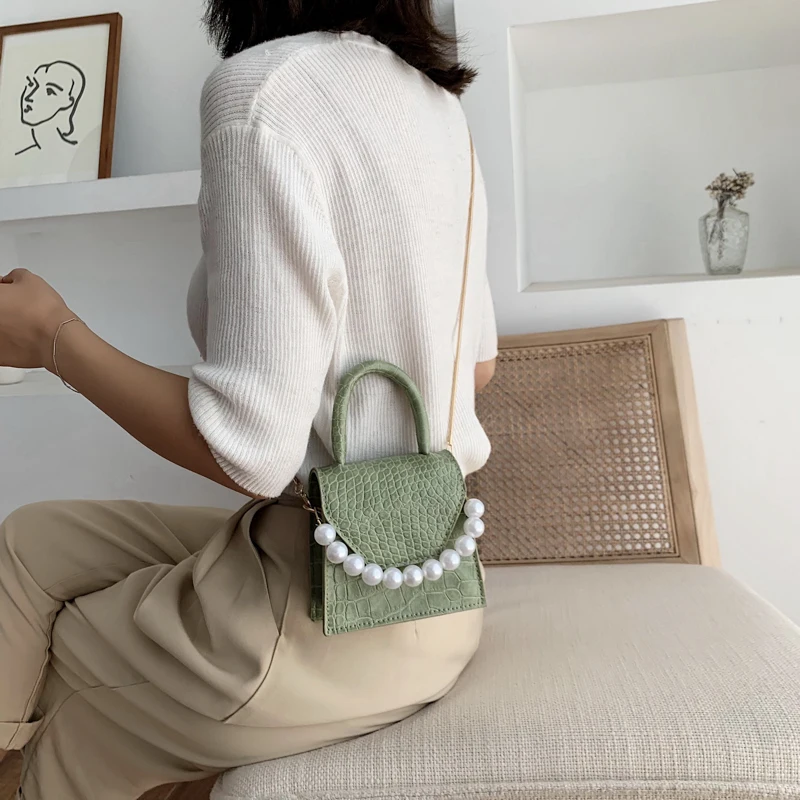 

High-end Sense of Fashion Small Bag Simple Stone Patterned One-shoulder Bag Chain Small Bag with Pearl Handbag Mini Bag