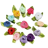 hot 100pcs mini satin ribbon rose flower leaf wedding decor appliques sewing diy main colorpink
