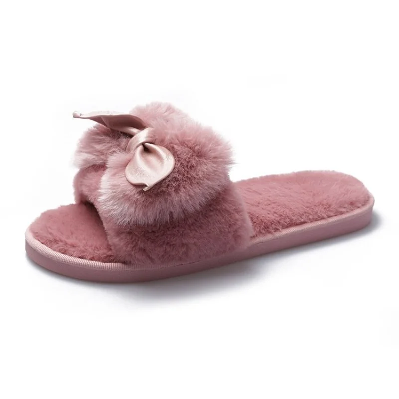 2021 Autumn and Winter New Style Cotton Slippers Ladies Bow Slippers Home Slippers Flat Slippers Women Furry Slippers Women