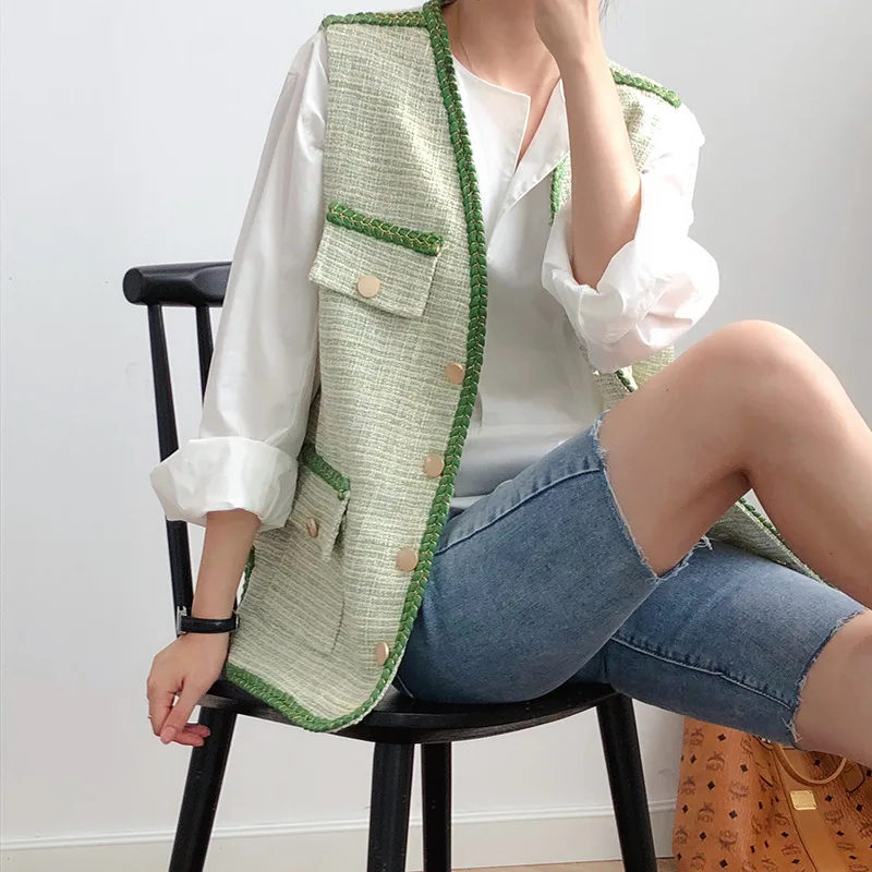 Женский твидовый жилет в клетку HLHPYHB с зелеными полосками|Жилеты и безрукавки| |