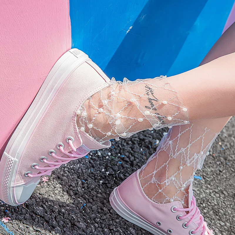 2020 Women Summer Fashion Fresh Socks With Pearl False Grid Breathable Flowers Transparent Plaid High Quality | Женская одежда