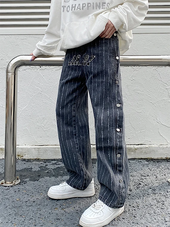 

Джинсы в полоску мужские и женские свободные с вышитыми буквами в стиле хип-хоп, хип-хоп, с завышенной талией, новый тренд 2021