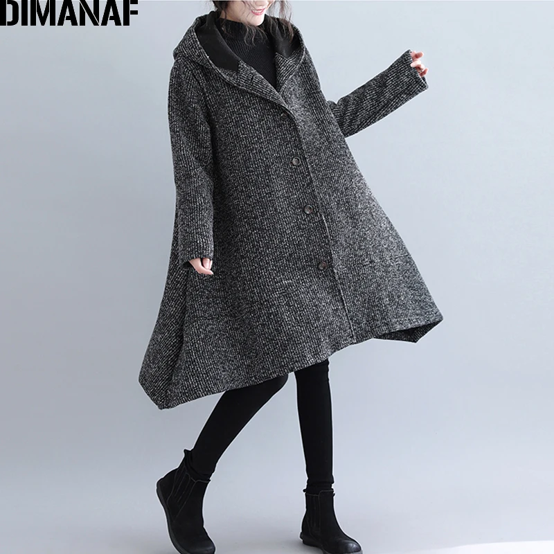 DIMANAF/большие размеры, женские зимние пальто из шерсти и смесей, утепленная одежда, винтажная женская верхняя одежда, Свободное пальто, с капюшоном