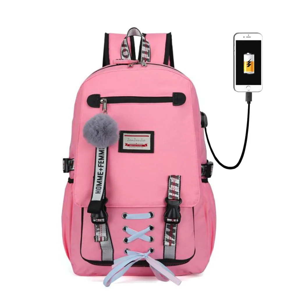 

Teenage Girls boys Schoolbag Backpack Big School Bags Large USB Printing Girls Bookbags Student Fashion Ribbon Bow 4 color
