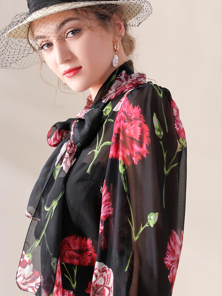 Женская шелковая блузка MoaaYina летняя с рукавом-фонариком и бантом цветочным