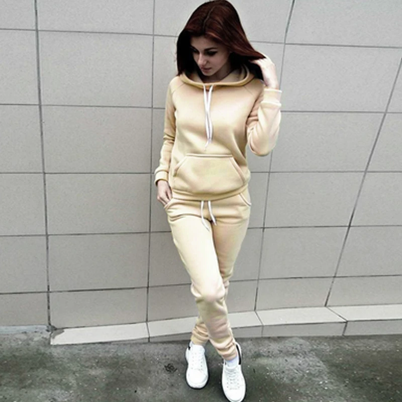 

2020 Autumn Women Hooded Sweatshirt Sets Casual Joggers Pockets Hoodies and Drawstring Sweatpants Sets Women 2 Pcs Oufit Set