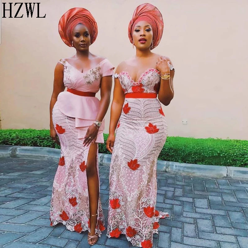 

V-Neck Mermaid Lace Applique Pink Bridesmaid Dress High Quality Long African Formal Wedding Party Dresses Aso Ebi Dress