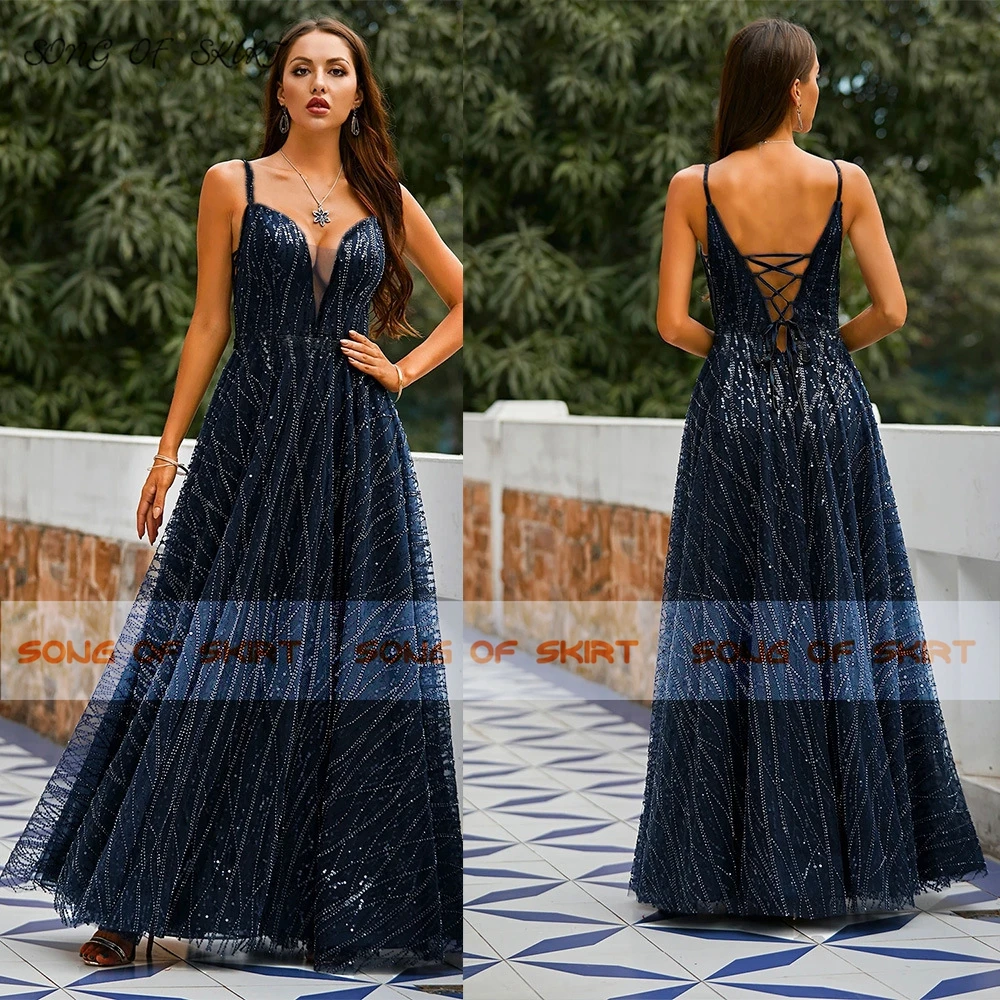 

Royal Blue Deep V-neck A-line Dance Prom Dresses Suspenders Hollow Backless Tulle Elegant Evening Robe De Soiree Dresses