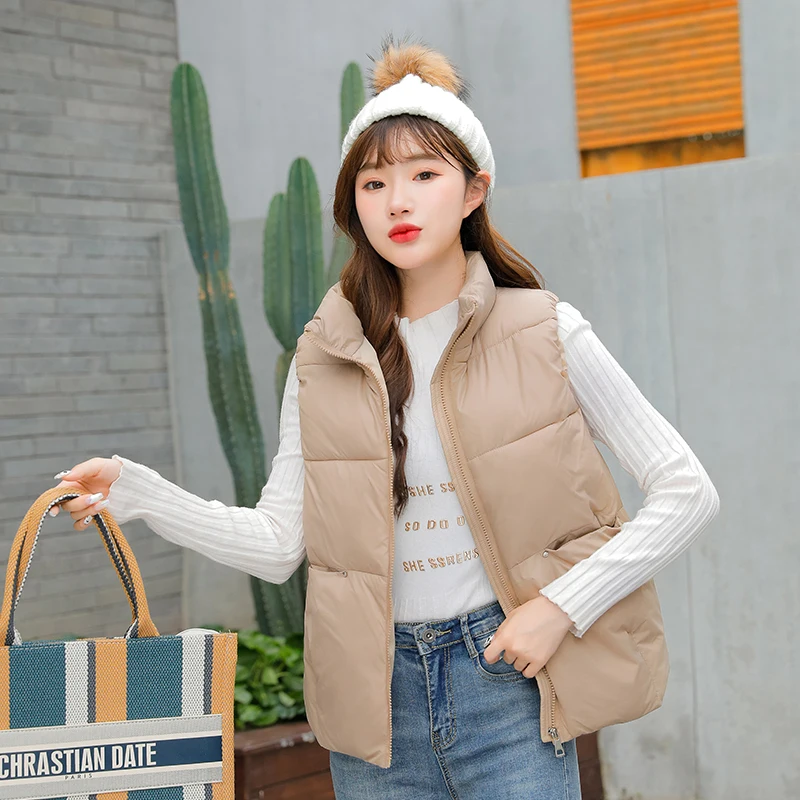 

Casual Female Puffer Waistcoat Winter Ladies Zipper Short Cotton Padded Vest Turn Down Collar Solid Women Cotton Vest Jacket