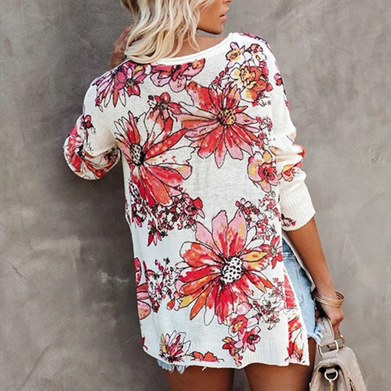 

2020 Long Sleeve Women's Sweaters O Neck Flower Print Split Edge Sweater Casual Tops Autumn New Knitting Pullovers Plus Size 2XL