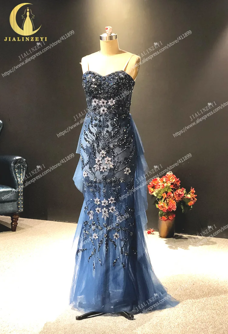JIALINZEYI Real Picture Newest Navy Blue Spaghetti Strap Crystal Sexy Luxurious Party Dress Formal Dress Evening Dresses 2021
