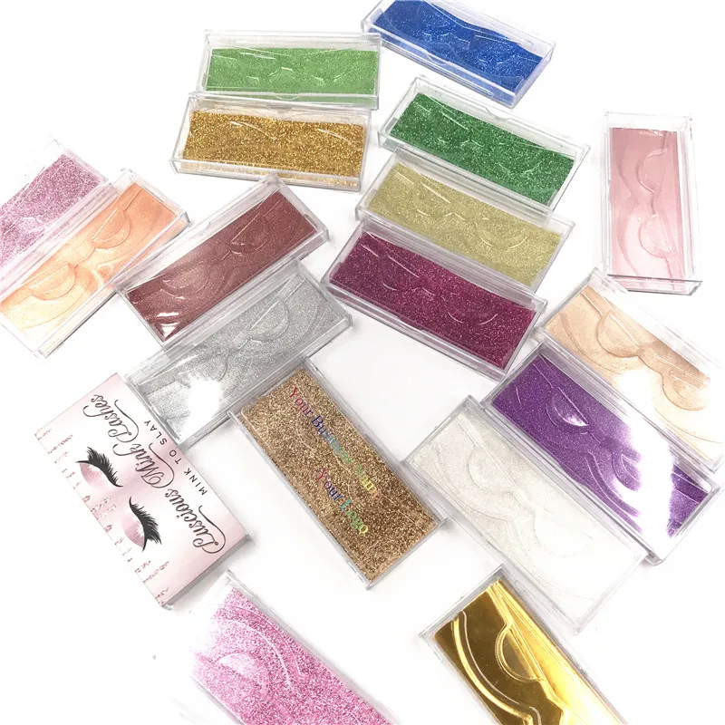

wholesale lash case eyelash packaging box free logo makeup acrylic sliding plastic case with clear tray holder glitter paper