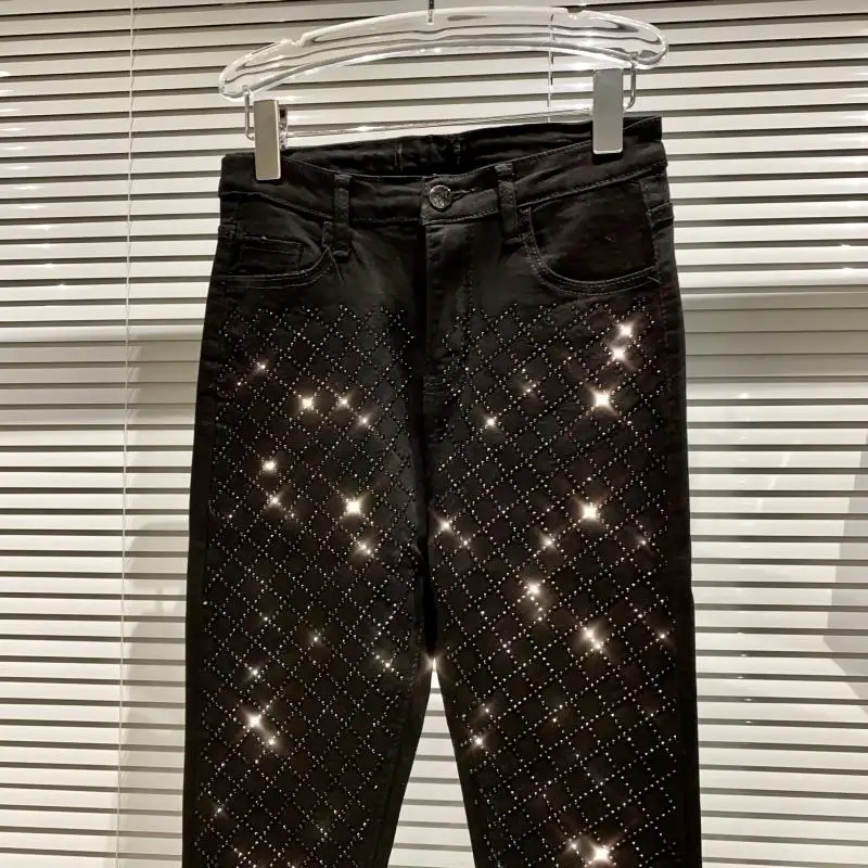 

2021 Spring Autumn Women Denim Pants New Diamond Lattice Rhinestone Shiny Frayed Hem Stretch Slim Pencil Jeans Black Trousers