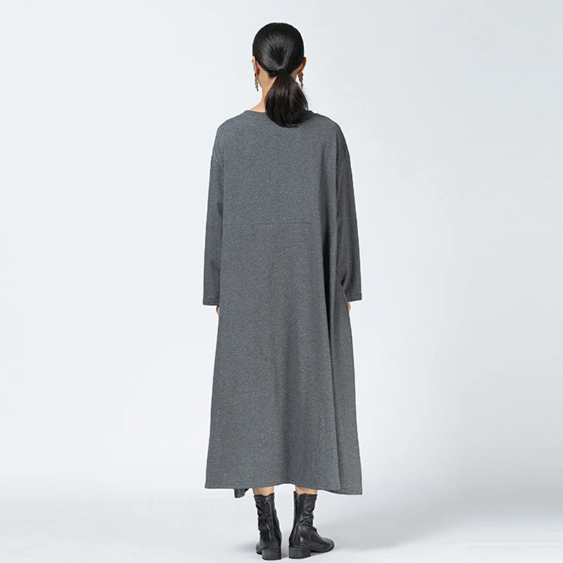 

[EAM] Women Gray Dot Printed Big Size Dress New Round Neck Long Sleeve Loose Fit Fashion Tide Spring Autumn 2021 1DD0259