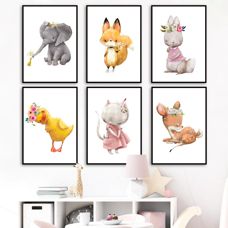 

Elephant Duckling Fawn Bunny Kitten Fox Wall Art Canvas Painting Nordic Posters And Prints Wall Pictures Baby Kids Room Decor