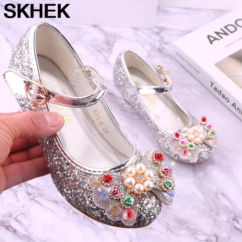 

SKHEK Princess Children Shoes for Girls Sandals High Heel Glitter Shiny Rhinestone Enfants Fille Female Party Dress Shoes