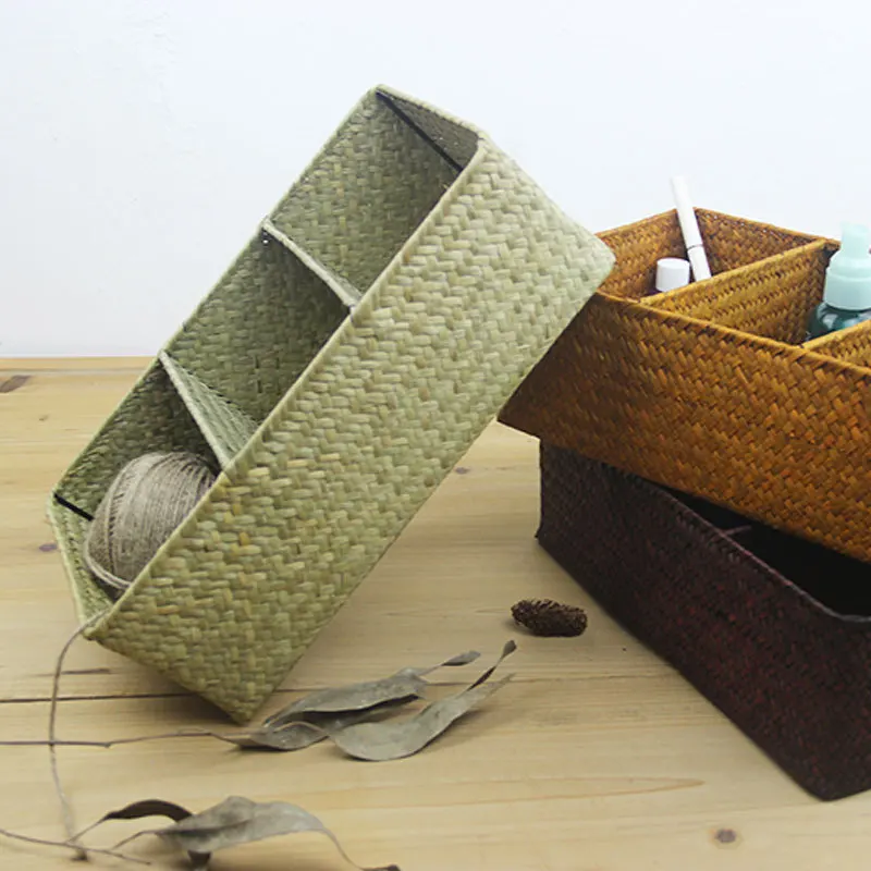 

Seagrass Hand Woven Storage Box Wicker Makeup Organizer Food Container Rectangle Desktop Clothes Gadgets Basket Home Decoration
