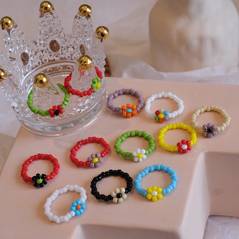 Женское кольцо с цветком AOMU, летнее разноцветное кольцо с бусинами, Пляжное украшение в стиле бохо, регулируемое, 2020