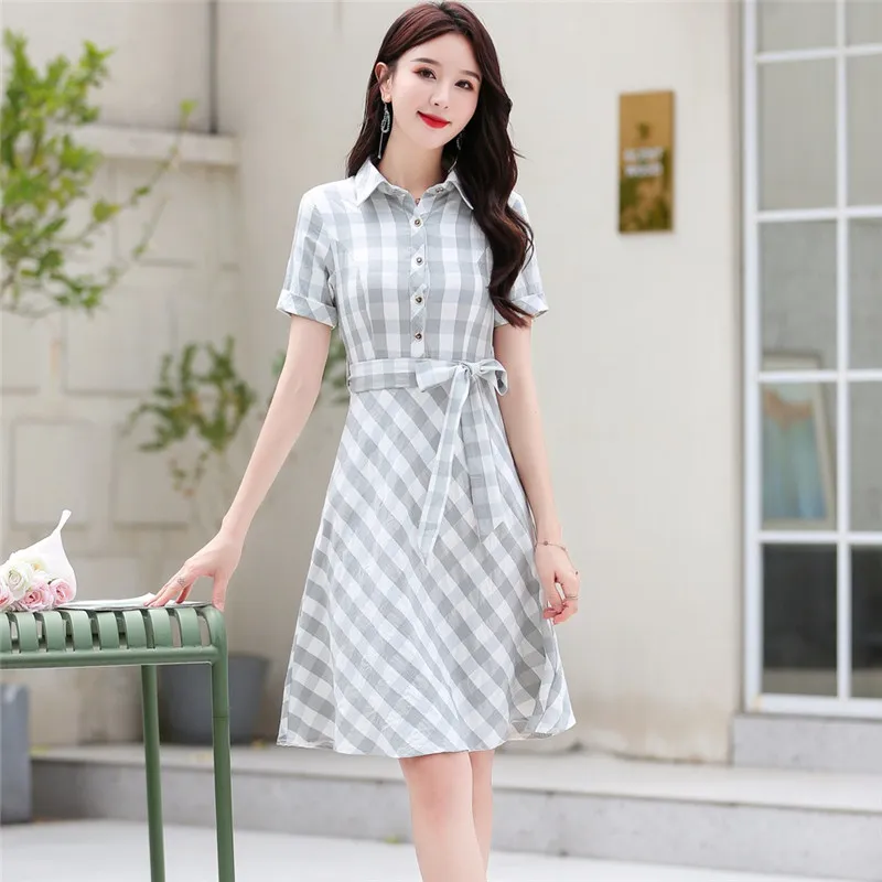 

Shirt Dress For Women 2021 Summer New Fashion Slim Mid-length Short Sleeve Solid Color Plaid A-line Dresses Female JD1137