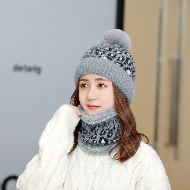 

PLOERMIN Women's Warm Ski Hats Fur Pompom Knitted Hat scarf Set Winter Women Beanie Hat Thick Skullies Female Cap 2019