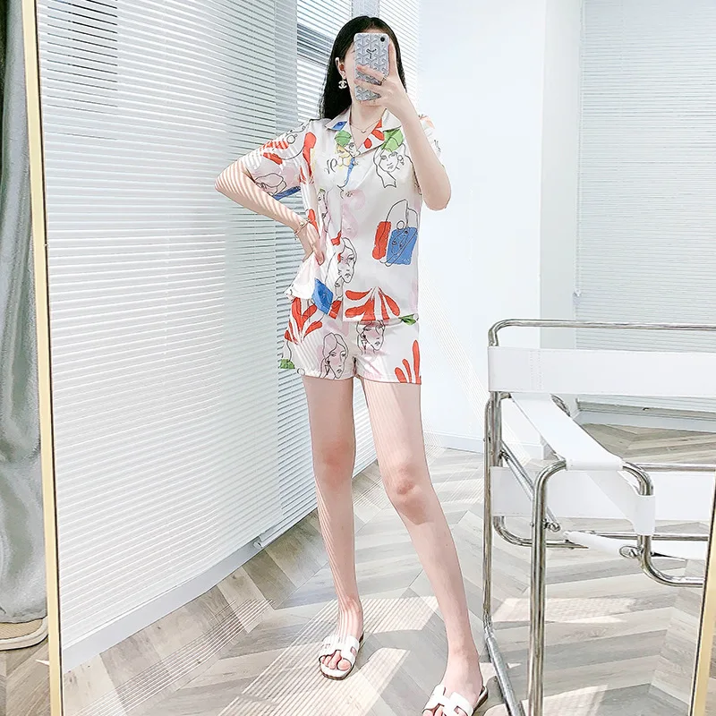 

Women Homewear Print Short Sleeve Top and Shorts Pyjamas Women Satin Pajama Sets Sleepwear