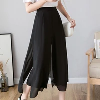 casual women pants solid color high waist wide leg fake two pieces loose slacks trousers for daily life