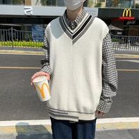 sweater vest mens v neck stitching casual loose full matching street sleeveless sweater mens chic korean youth