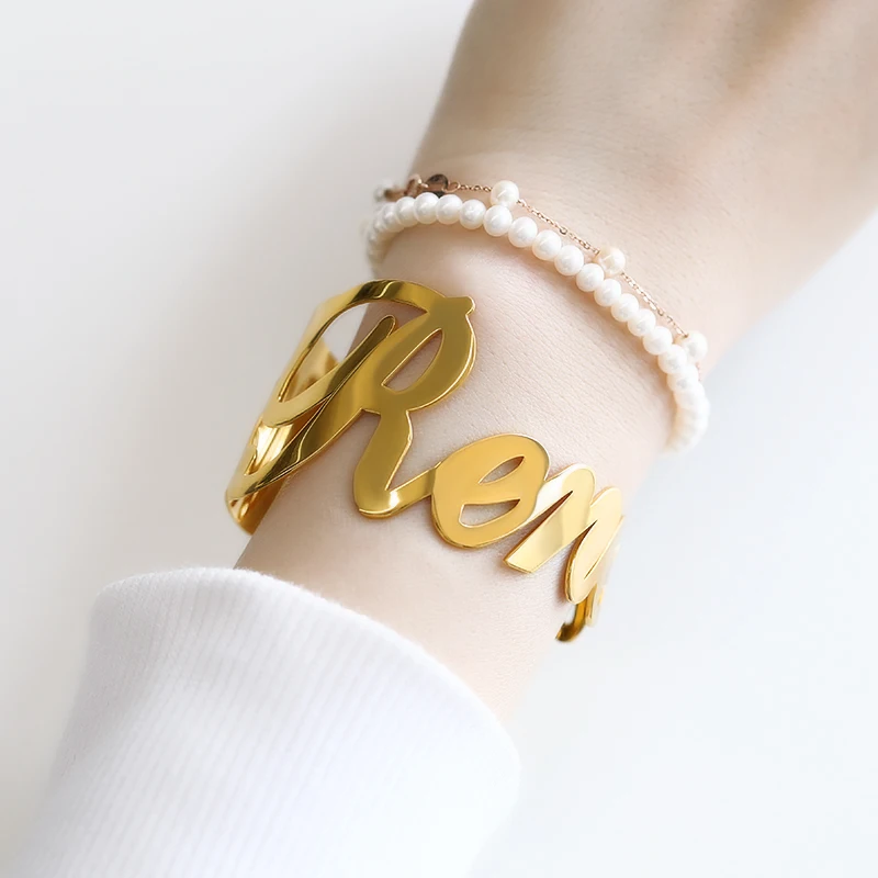Custom Name Bracelet Stainless Steel Bracelets With 30mm for Women Personalized Cuff Wide Bangles Jewelry Gift  Moda Mujer