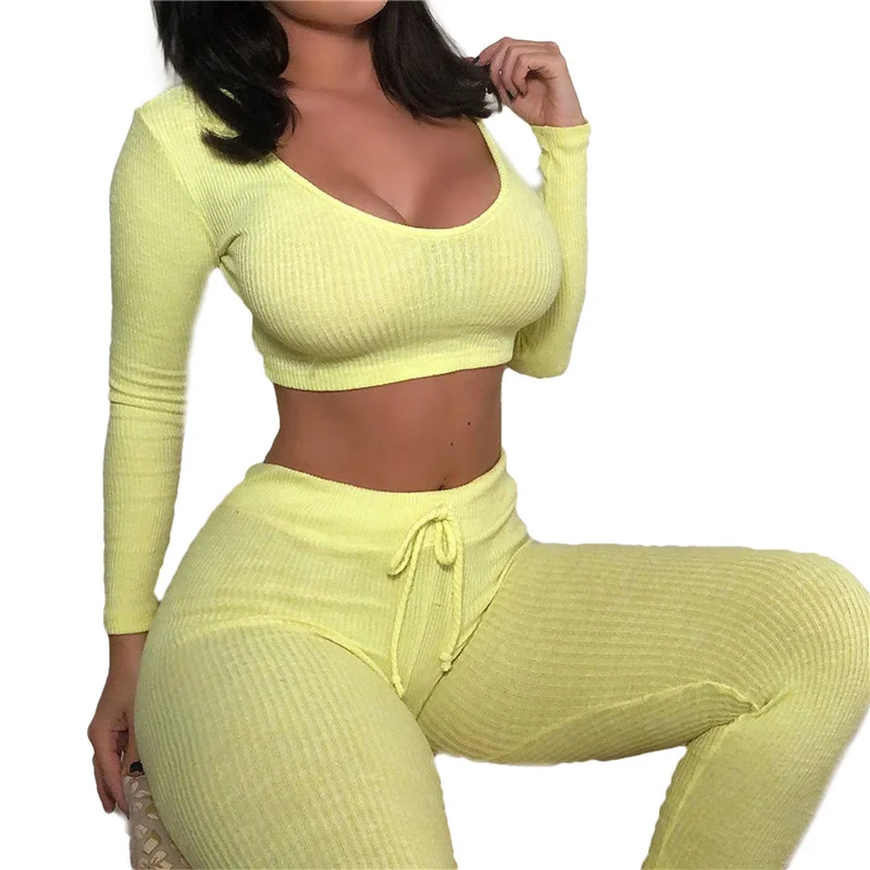 

Women's Cropped Top Knitting Pants Long Sleeve Round Collar Elastic Shirt Sports High Waist Tight Trousers Women's Autumn Sets