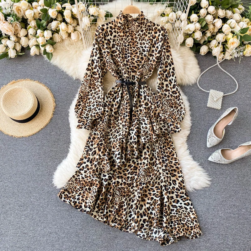 

Женское платье с леопардовым принтом, весеннее приталенное асимметричное платье с воротником-стойкой и длинным рукавом, R087, 2021