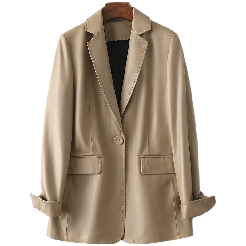 2021 Spring New Soft Sheepskin Khaki Coat Women's Slim Fit Genuine  Leather Mid Length High Quality Single Button Simple Jacket